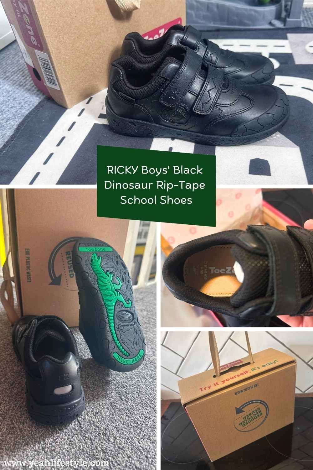 RICKY Boys' Black Dinosaur Rip-Tape School Shoes